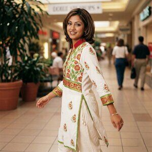 Ghungru Hand Block Print Kurta Dress Womens Small Boho Floral Cotton Vintage 90s